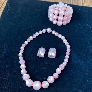 Vintage 80s women’s necklace chunky pink bracelet clip earrings set
